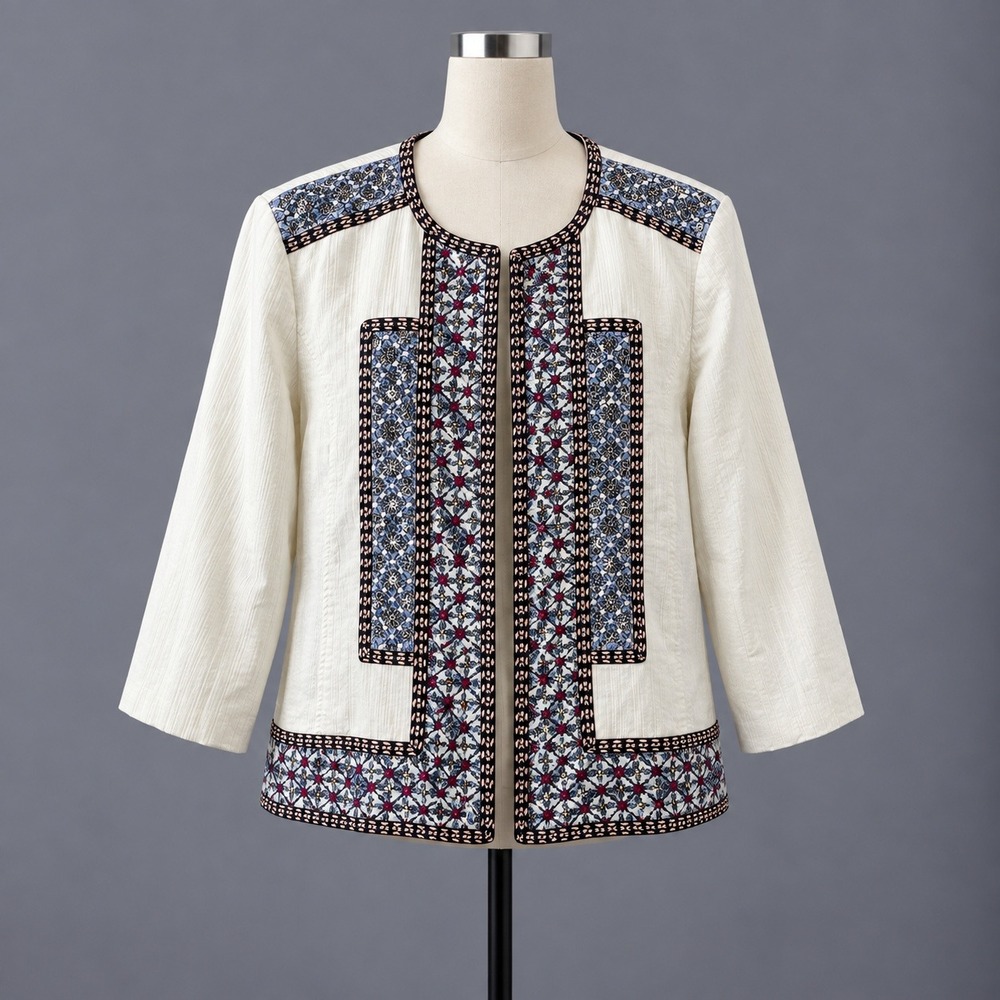 Chicos Jacket Womens 3 XL Ivory Novelty Embellished Blocked Cotton NWT $159